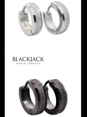 BLACKJACK 2 pair Huggie Sandblasted Stainless Steel Hoop Earrings BJES34BW $75
